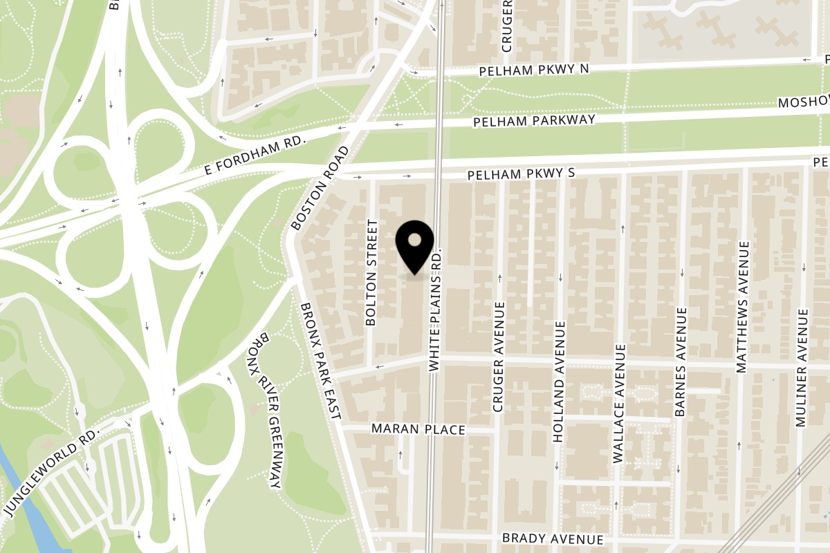 Map showing the location of Teriyaki Bowl Bronx on 2163a White Plains Rd in Bronx